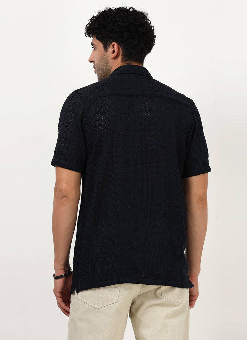 AETHER Textured Mesh Knitted Shirt Navy Blue_Back View