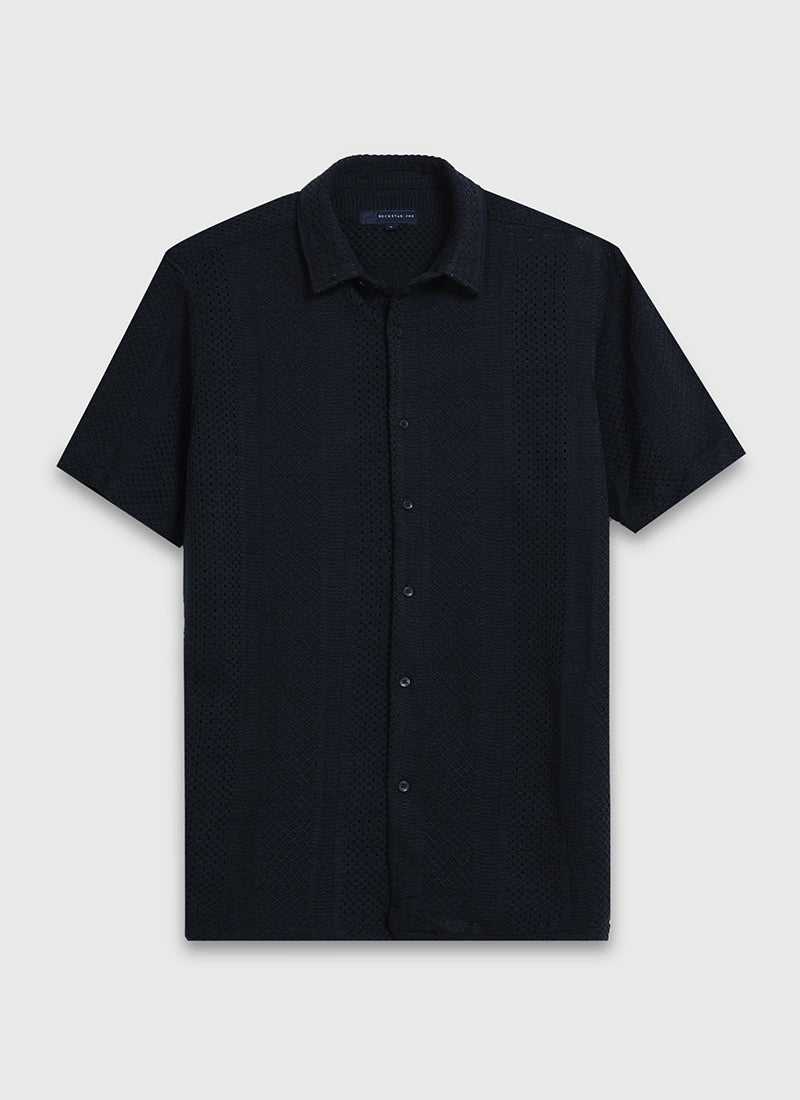 AETHER Textured Mesh Knitted Shirt Navy Blue_Flatlay Front View