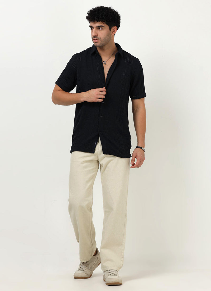 AETHER Textured Mesh Knitted Shirt Navy Blue_Model Front View