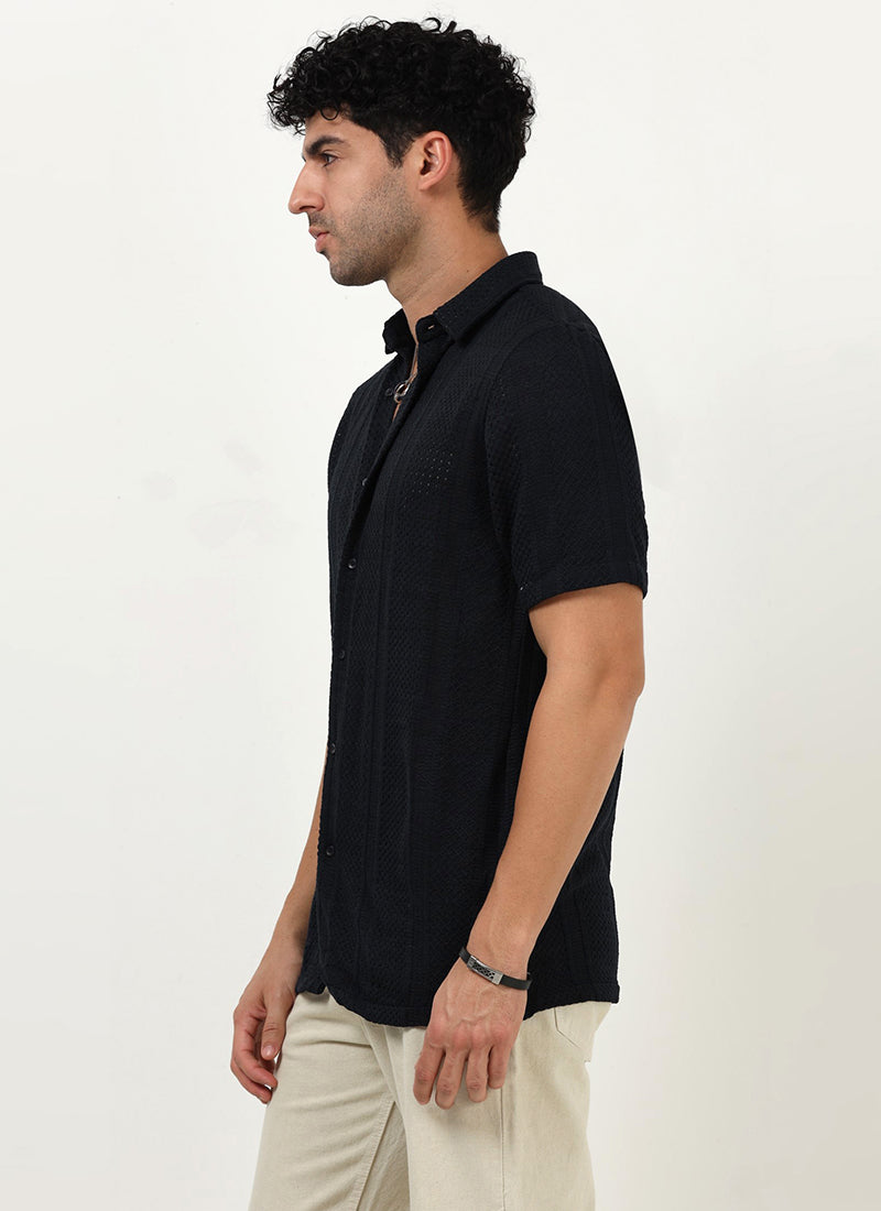AETHER Textured Mesh Knitted Shirt Navy Blue_Model Side View