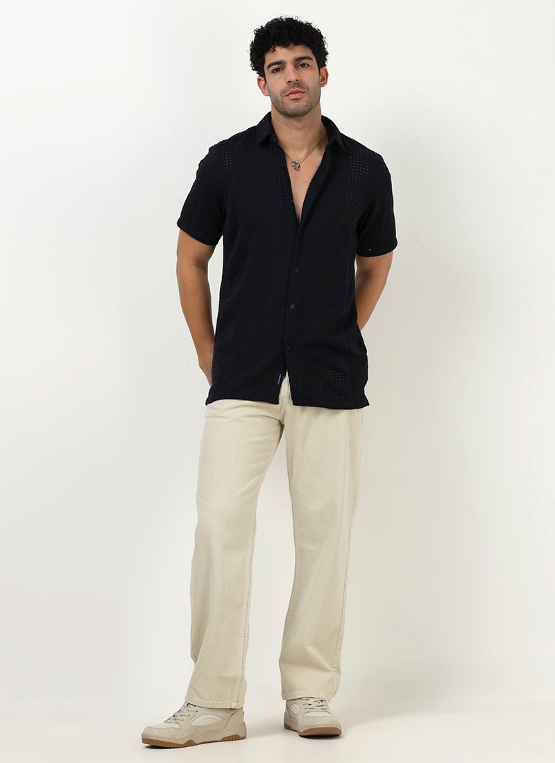 AETHER Textured Mesh Knitted Shirt Navy Blue_Model View