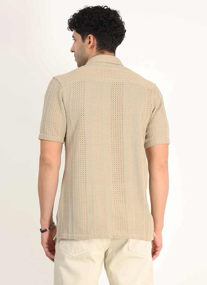 AETHER Textured Mesh Knitted Shirt Sand Beige-Back View