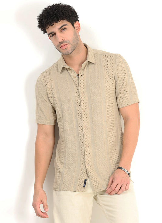 AETHER Textured Mesh Knitted Shirt Sand Beige-Front View
