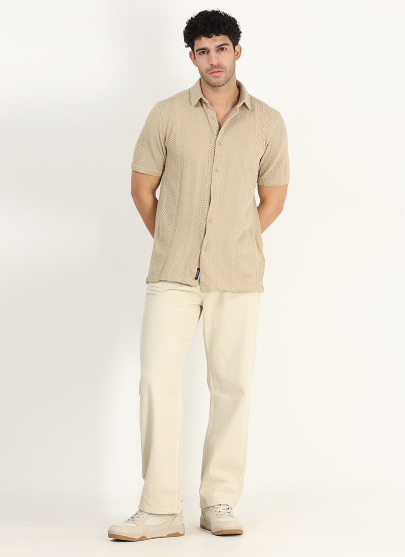 AETHER Textured Mesh Knitted Shirt Sand Beige- Model  Front View