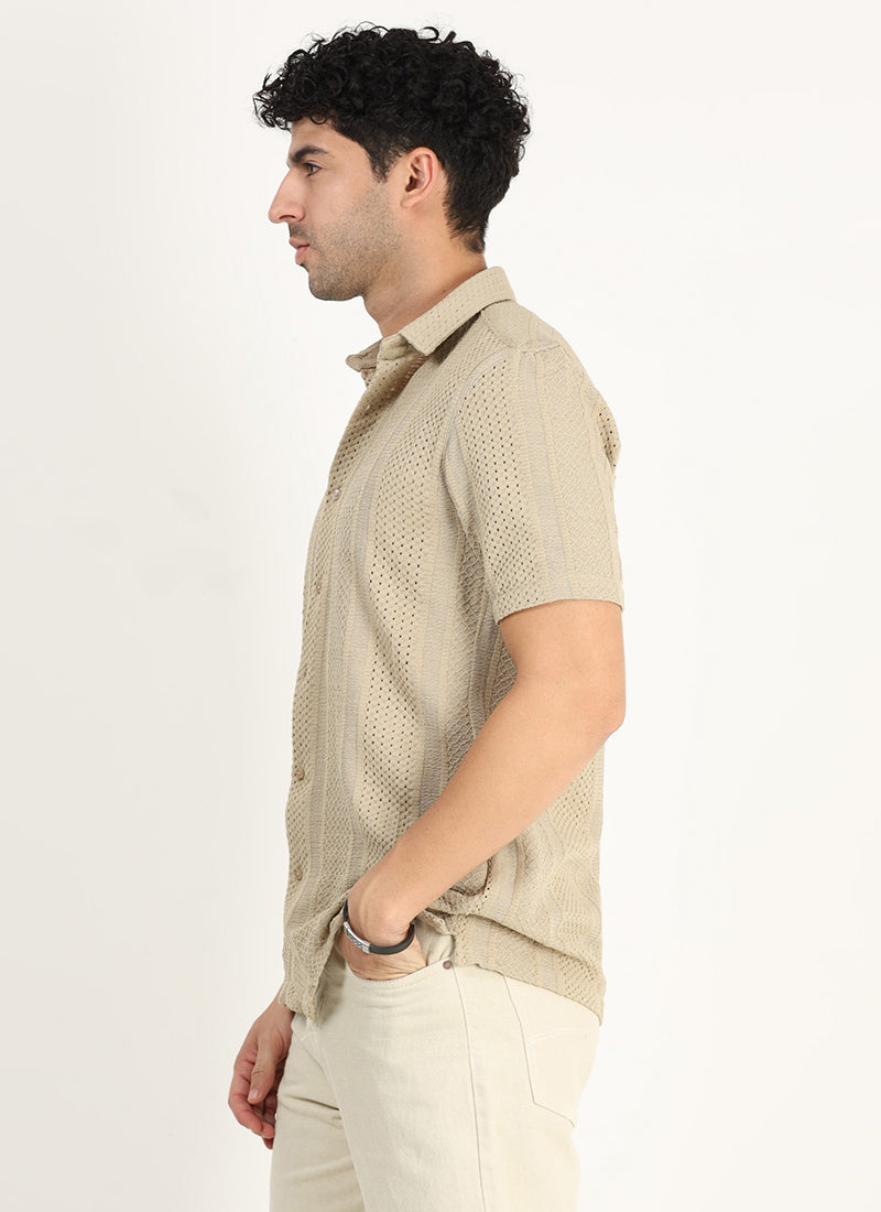 AETHER Textured Mesh Knitted Shirt Sand Beige- Model Side View