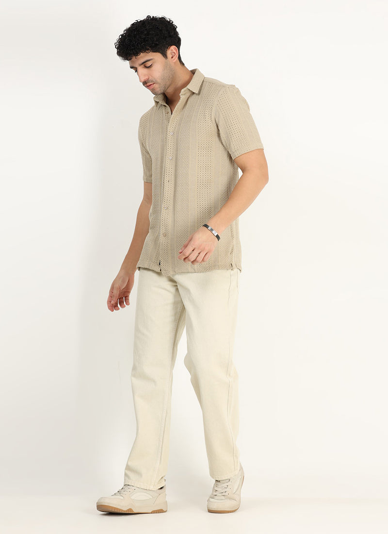 AETHER Textured Mesh Knitted Shirt Sand Beige- Model View