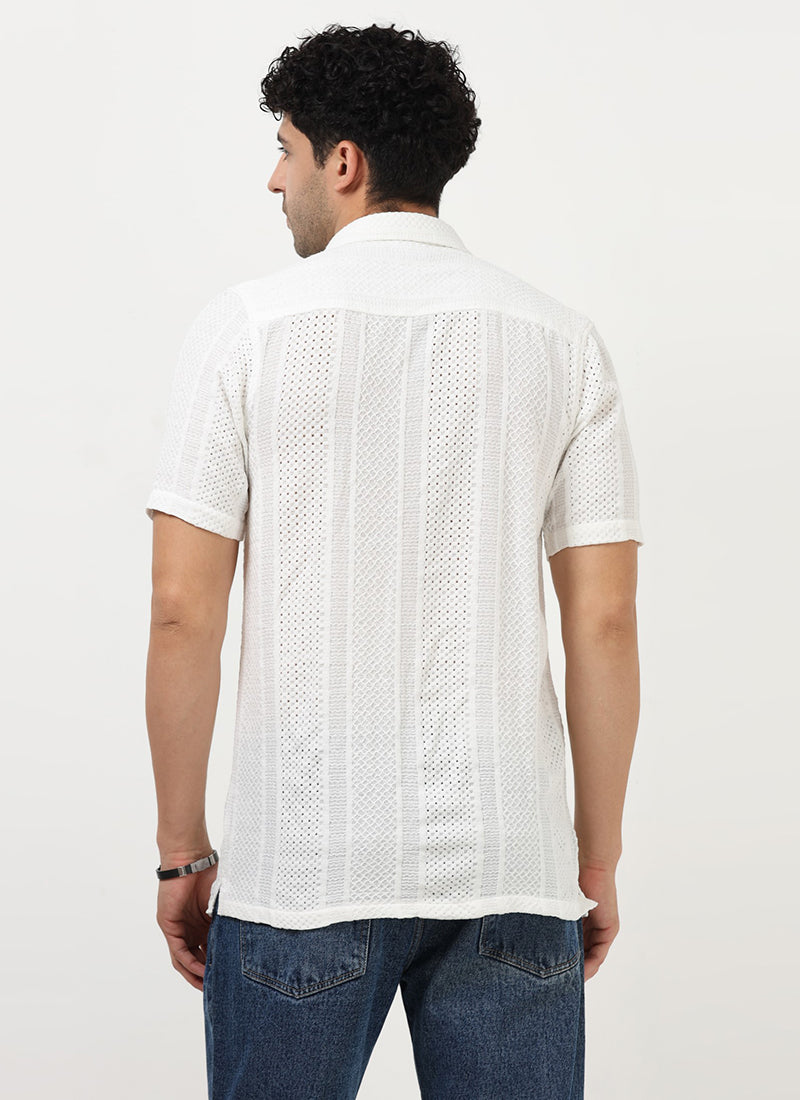 AETHER Textured Mesh Knitted Shirt White-Back View