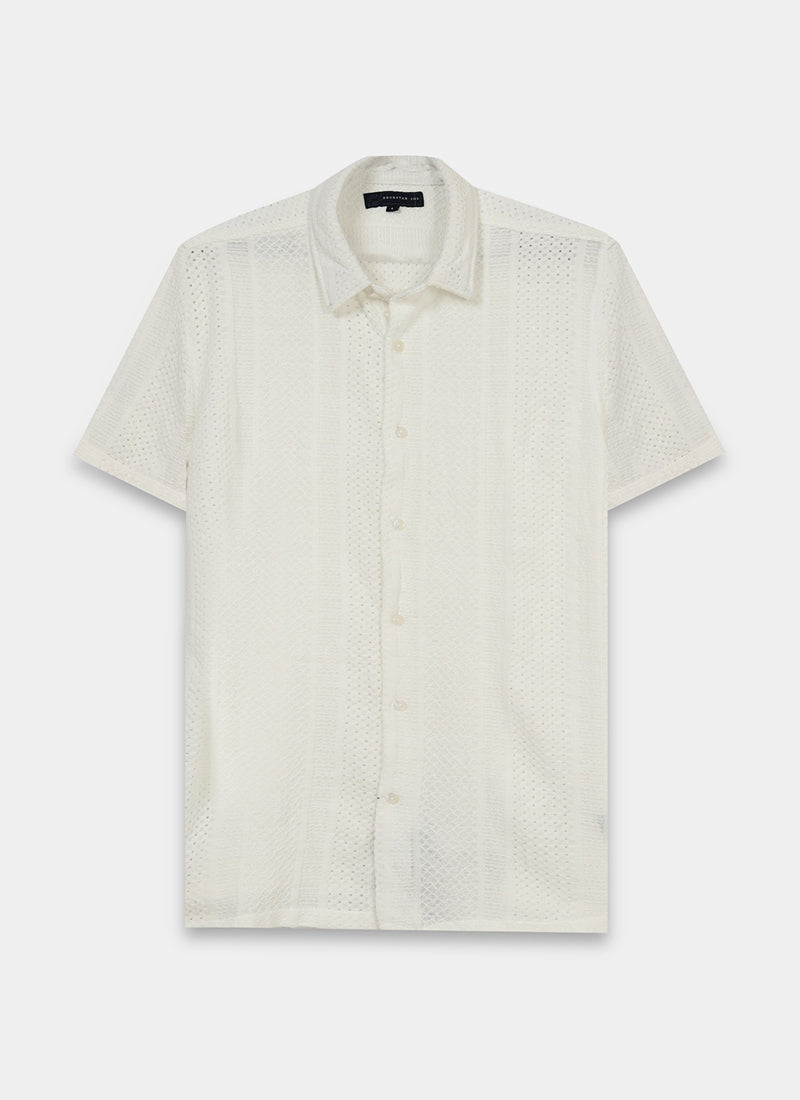 AETHER Textured Mesh Knitted Shirt White-Flatlay Front View