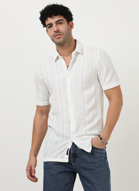 AETHER Textured Mesh Knitted Shirt White-Front View