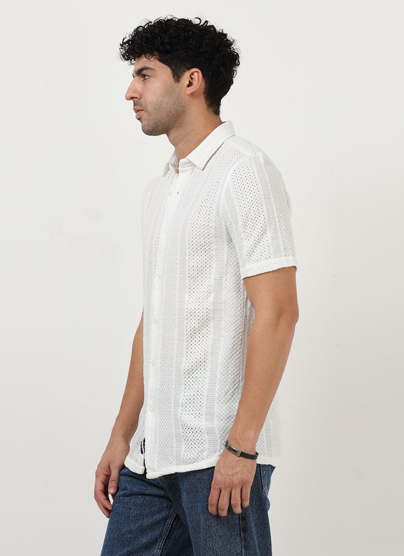 AETHER Textured Mesh Knitted Shirt White-Model Side View