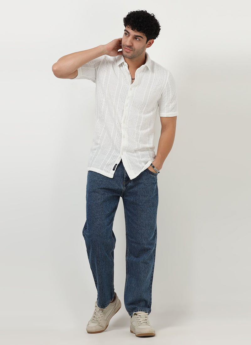 AETHER Textured Mesh Knitted Shirt White-Model View