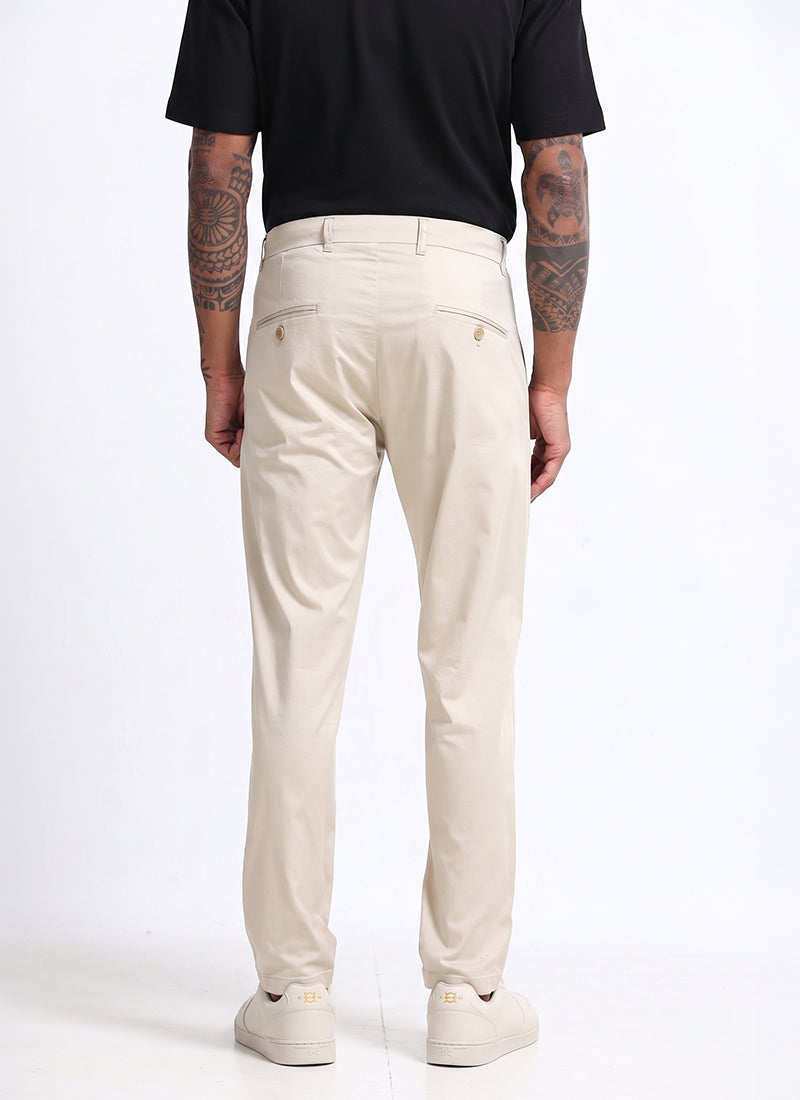 AIRY TWILL LYCRA Regular Fit Drawstring Trousers Ivory Sand-Back View