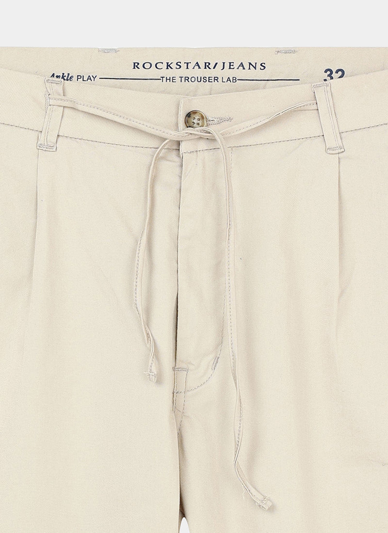AIRY TWILL LYCRA Regular Fit Drawstring Trousers Ivory Sand-Fabric Detail View