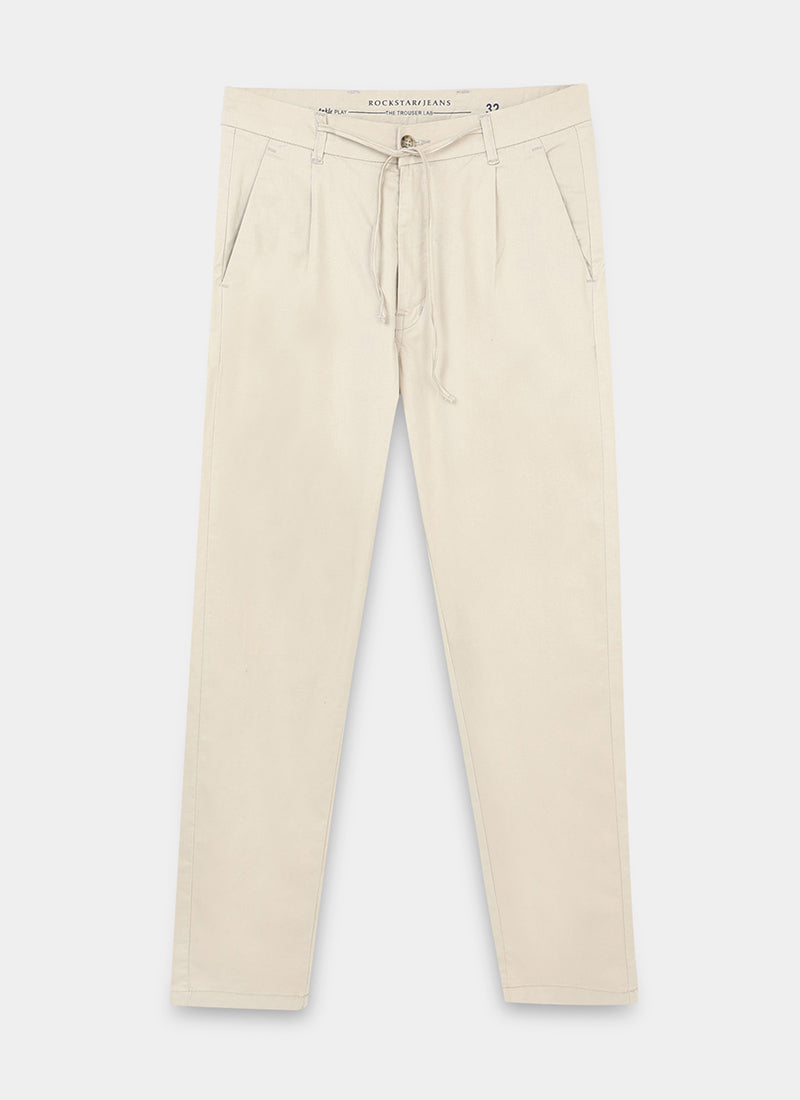 AIRY TWILL LYCRA Regular Fit Drawstring Trousers Ivory Sand-Flatlay Front View