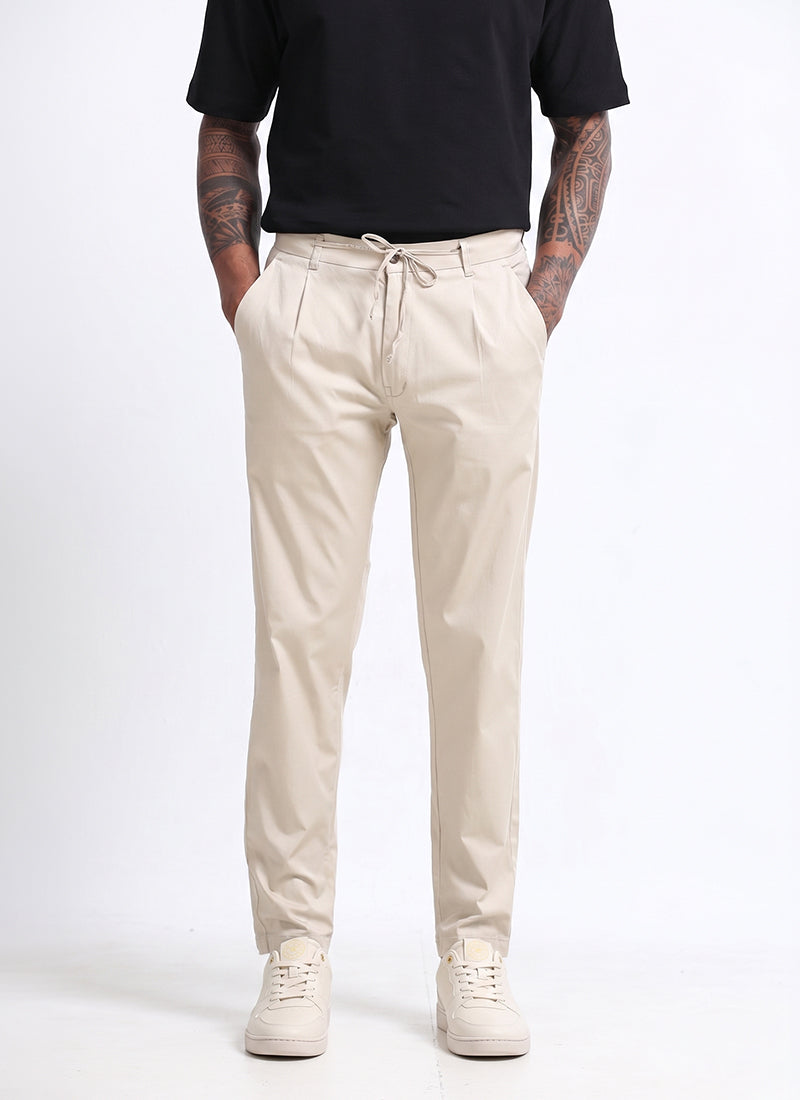 AIRY TWILL LYCRA Regular Fit Drawstring Trousers Ivory Sand-Front View