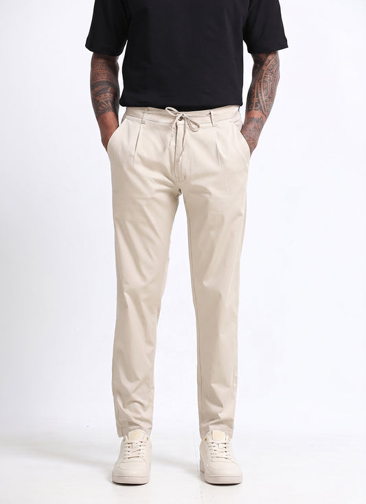 AIRY TWILL LYCRA Regular Fit Drawstring Trousers Ivory Sand-Front View