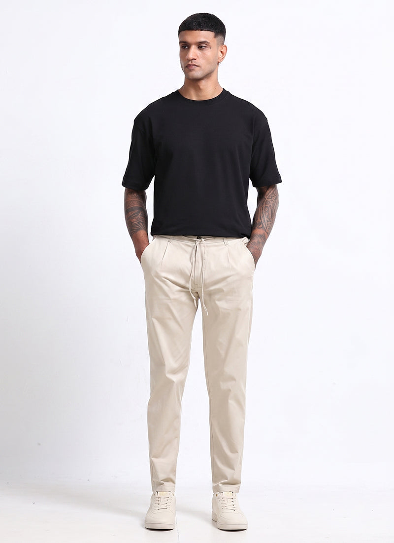 AIRY TWILL LYCRA Regular Fit Drawstring Trousers Ivory Sand-Model Front View
