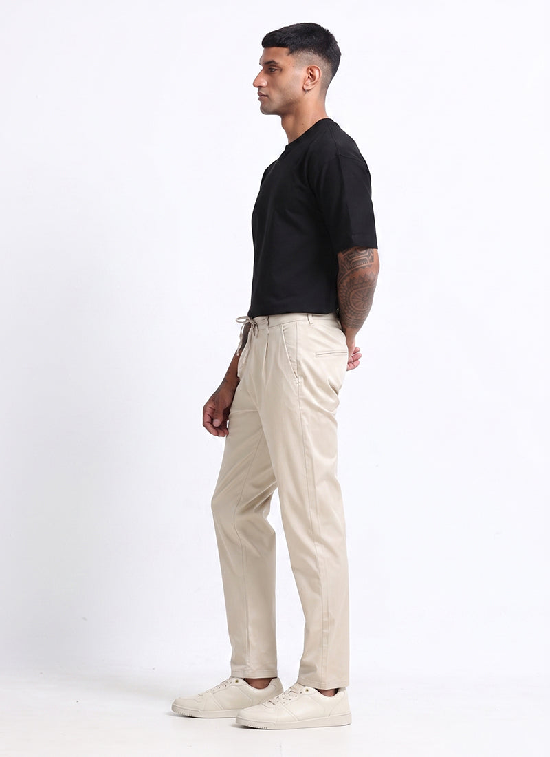 AIRY TWILL LYCRA Regular Fit Drawstring Trousers Ivory Sand-Model Side View