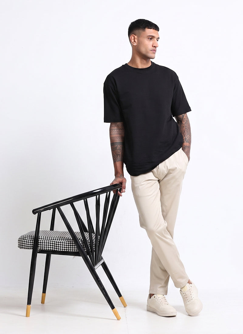AIRY TWILL LYCRA Regular Fit Drawstring Trousers Ivory Sand-Model  View