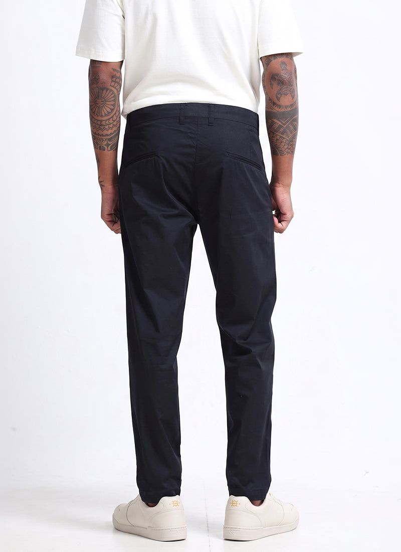 AIRY TWILL LYCRA Regular Fit Drawstring Trousers Navy Blue-Back View