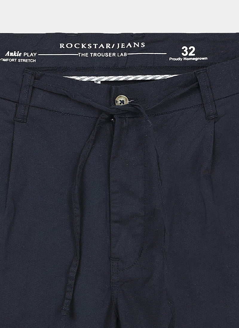 AIRY TWILL LYCRA Regular Fit Drawstring Trousers Navy Blue-Fabric Detail View