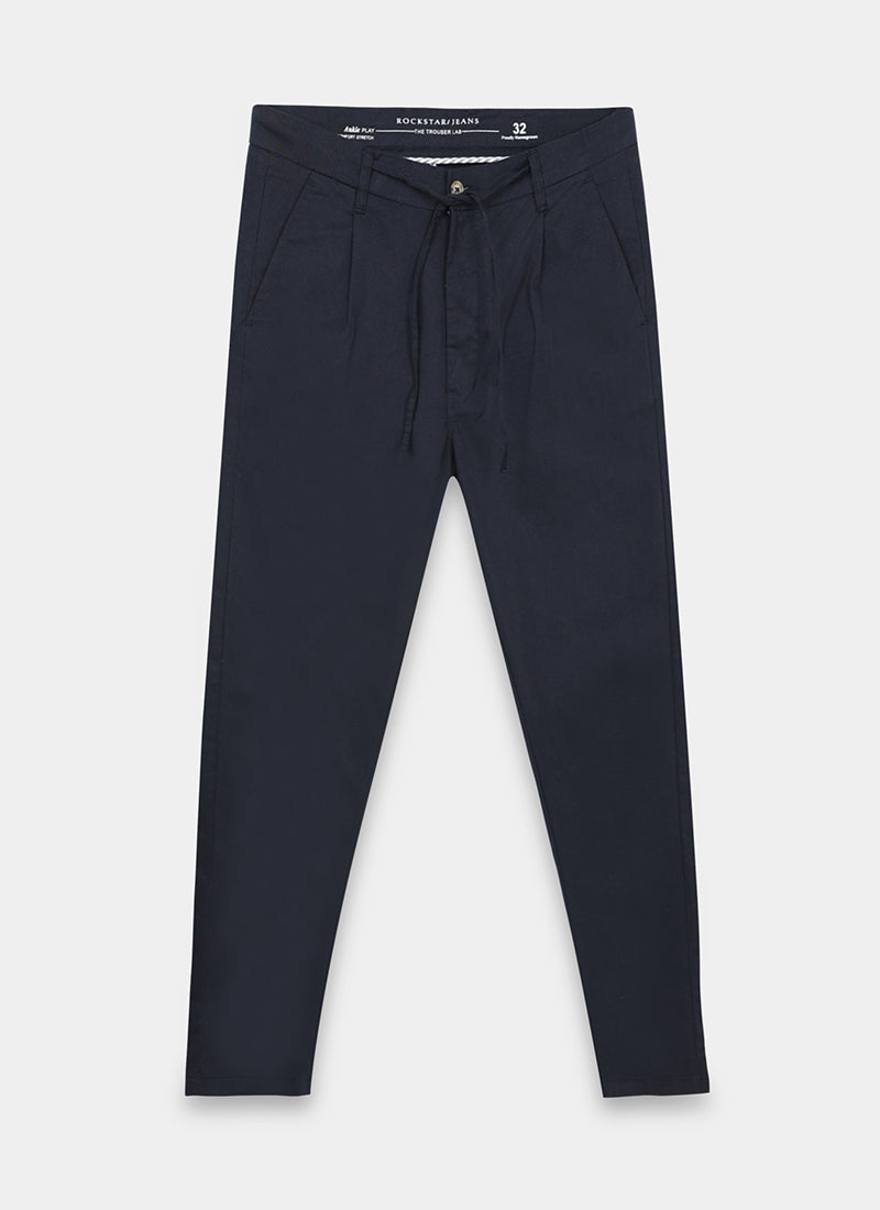 AIRY TWILL LYCRA Regular Fit Drawstring Trousers Navy Blue-Flatlay Front View