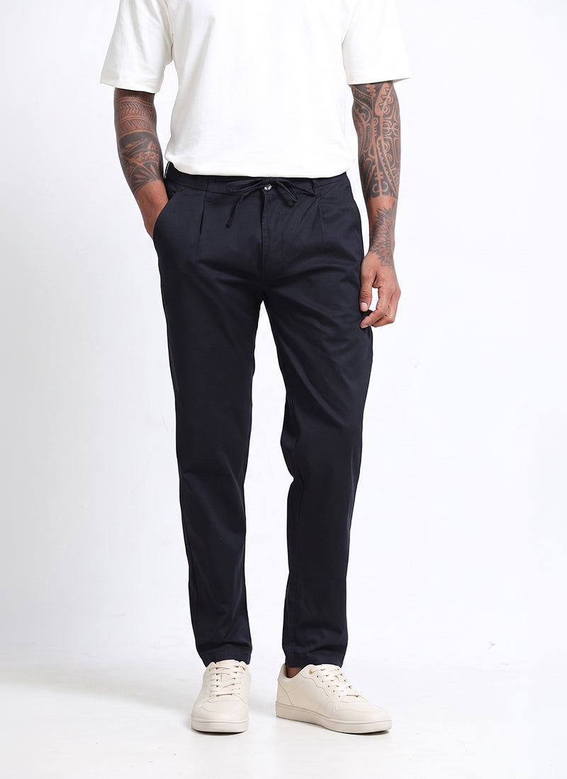 AIRY TWILL LYCRA Regular Fit Drawstring Trousers Navy Blue-Front View