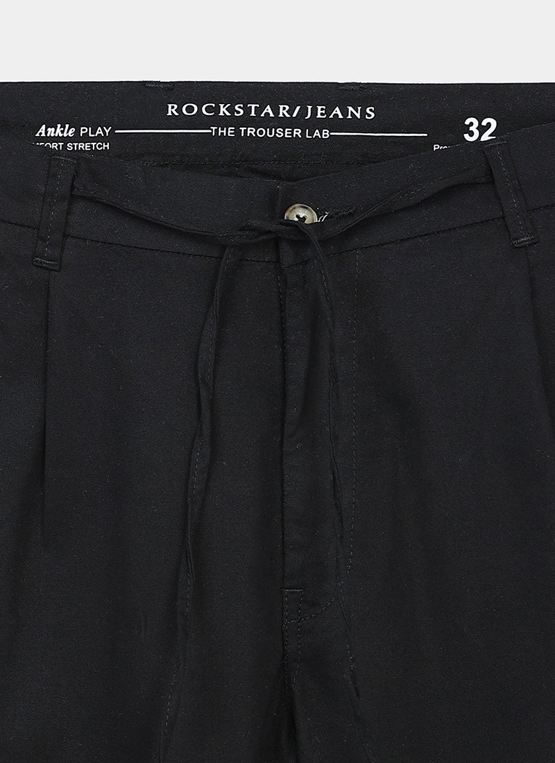 AIRY TWILL LYCRA Regular Fit Drawstring Trousers Onyx Black-Fabric Detail View