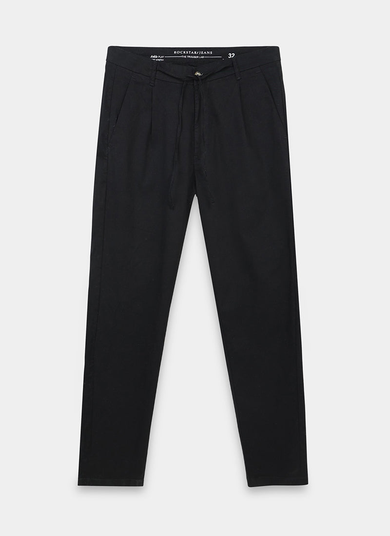 AIRY TWILL LYCRA Regular Fit Drawstring Trousers Onyx Black-Flatlay Front View