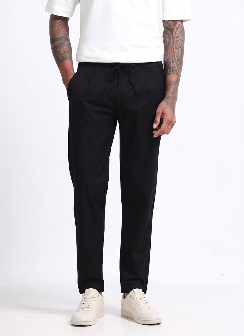 AIRY TWILL LYCRA Regular Fit Drawstring Trousers Onyx Black-Front View