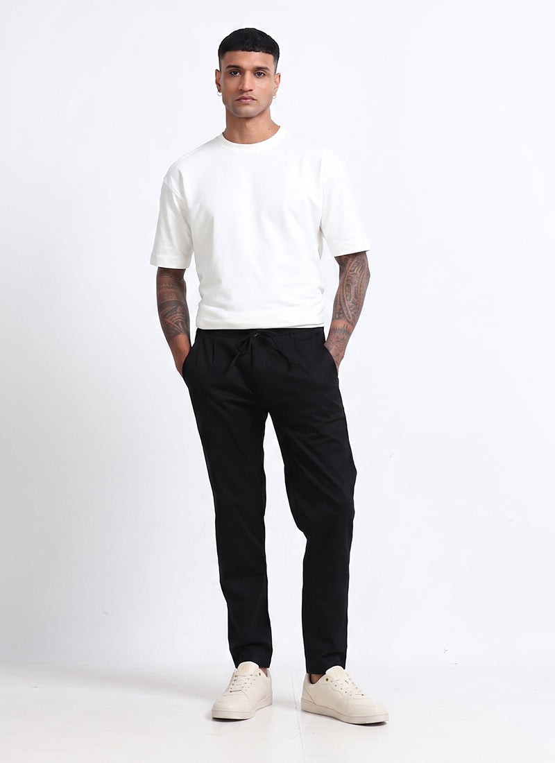 AIRY TWILL LYCRA Regular Fit Drawstring Trousers Onyx Black-Model Front View