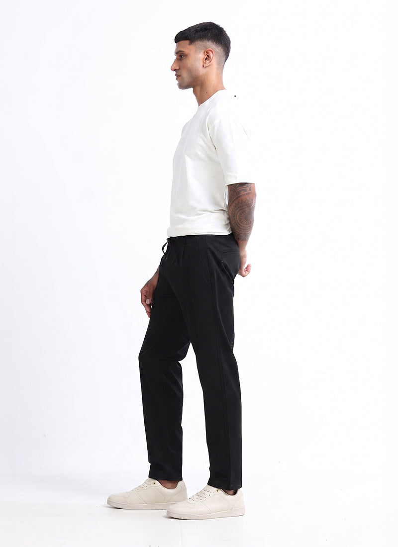 AIRY TWILL LYCRA Regular Fit Drawstring Trousers Onyx Black-Model Side View