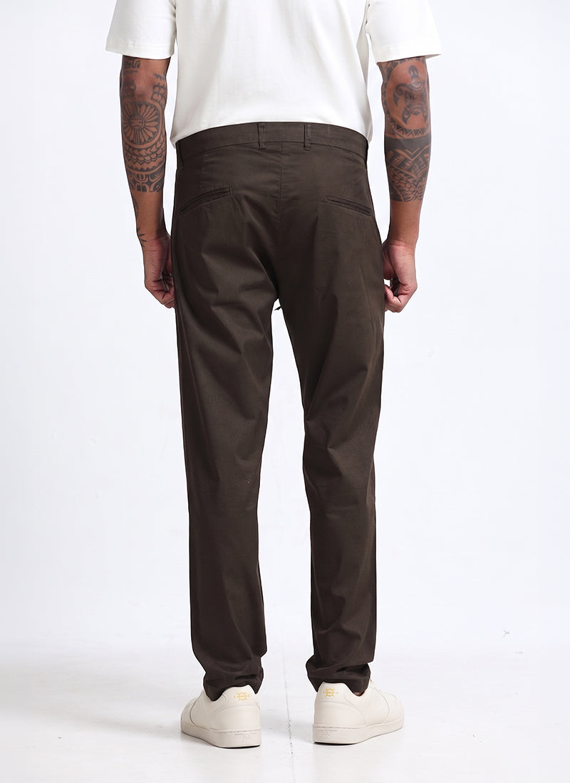 AIRY TWILL LYCRA Regular Fit Drawstring Trousers Umber Brown-Back View