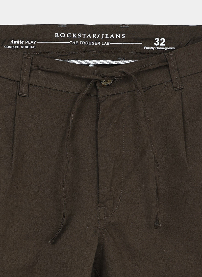 AIRY TWILL LYCRA Regular Fit Drawstring Trousers Umber Brown-Fabric Detail View