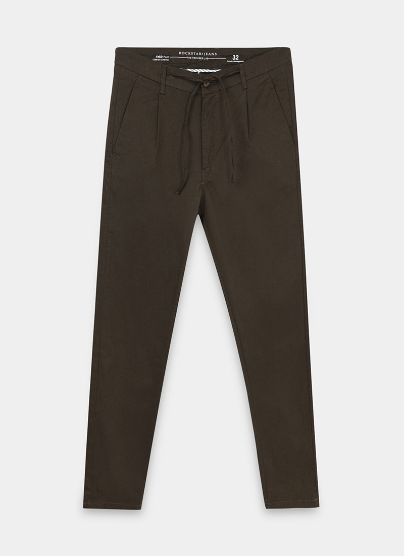 AIRY TWILL LYCRA Regular Fit Drawstring Trousers Umber Brown-Flatlay Front View