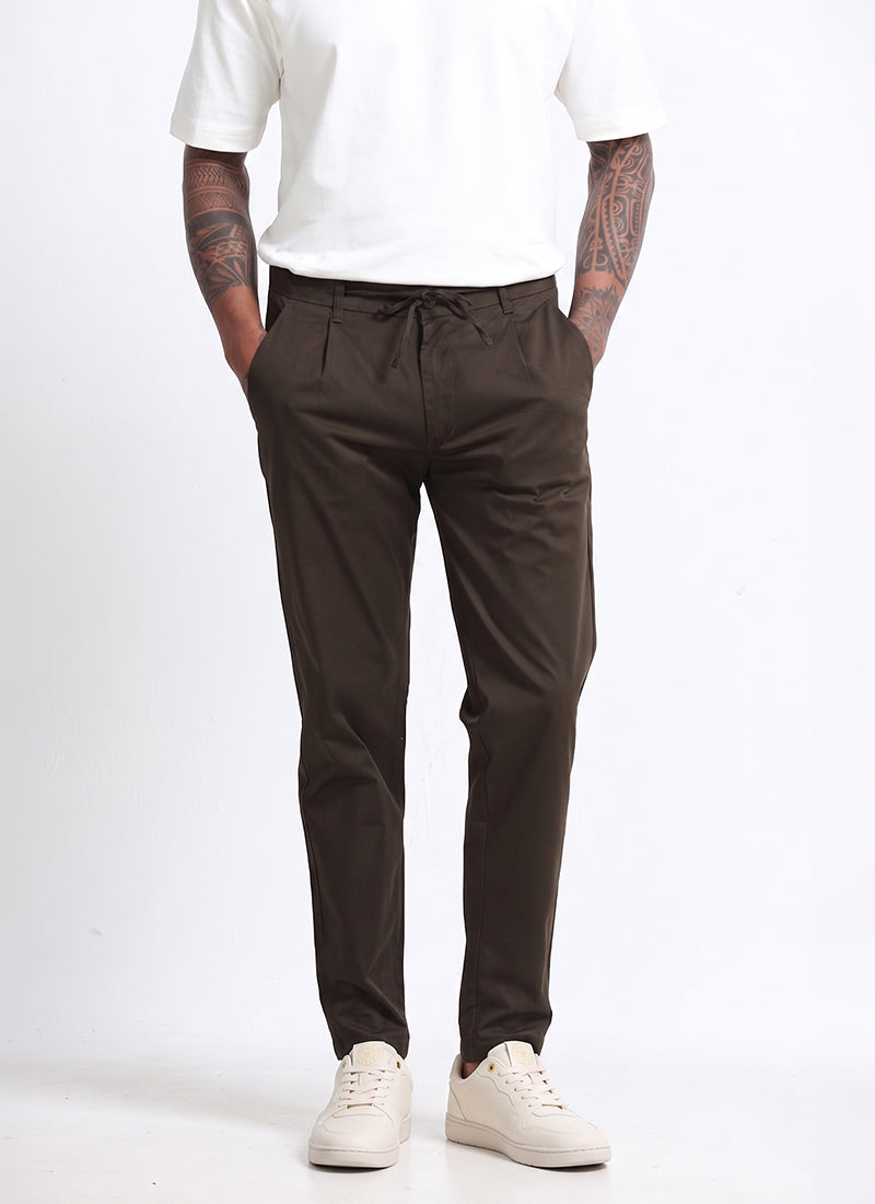 AIRY TWILL LYCRA Regular Fit Drawstring Trousers Umber Brown-Front View