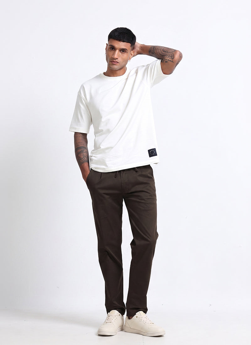AIRY TWILL LYCRA Regular Fit Drawstring Trousers Umber Brown-Model Front View