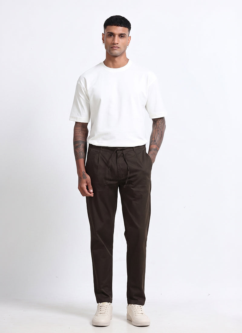 AIRY TWILL LYCRA Regular Fit Drawstring Trousers Umber Brown