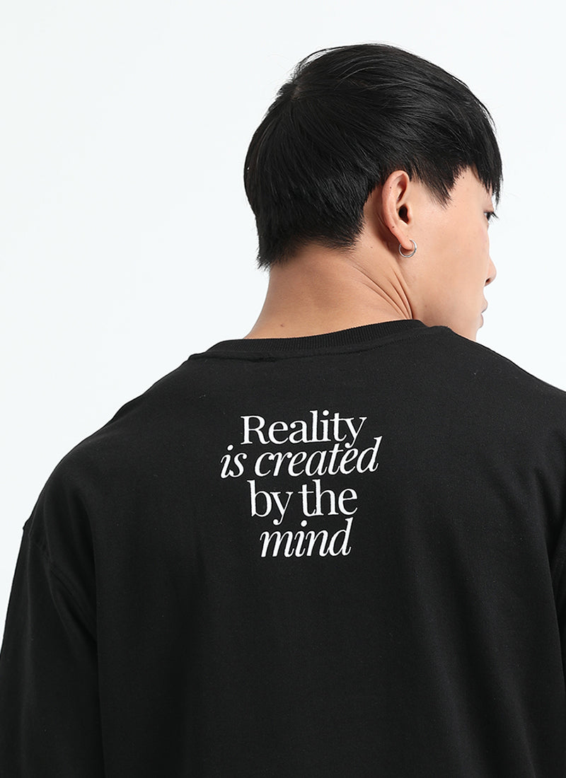 BALANCE OF THOUGHT Oversized Cotton Printed T-Shirt Black - Back Prints View