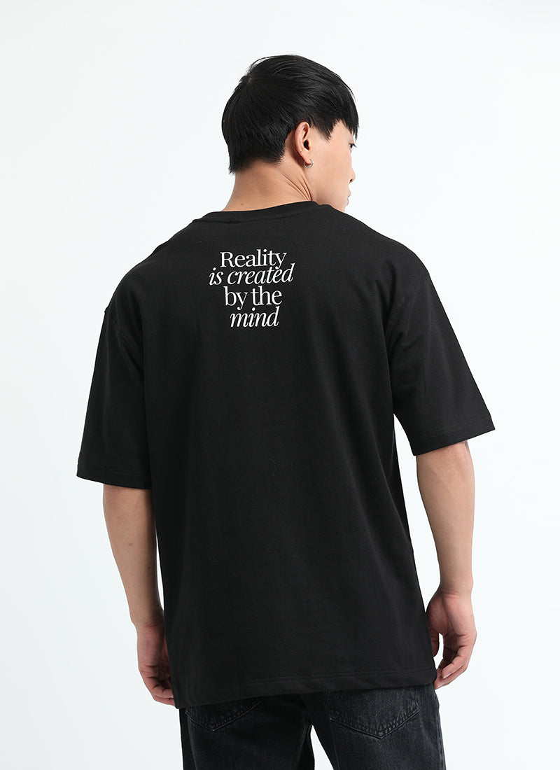 BALANCE OF THOUGHT Oversized Cotton Printed T-Shirt Black- Back View