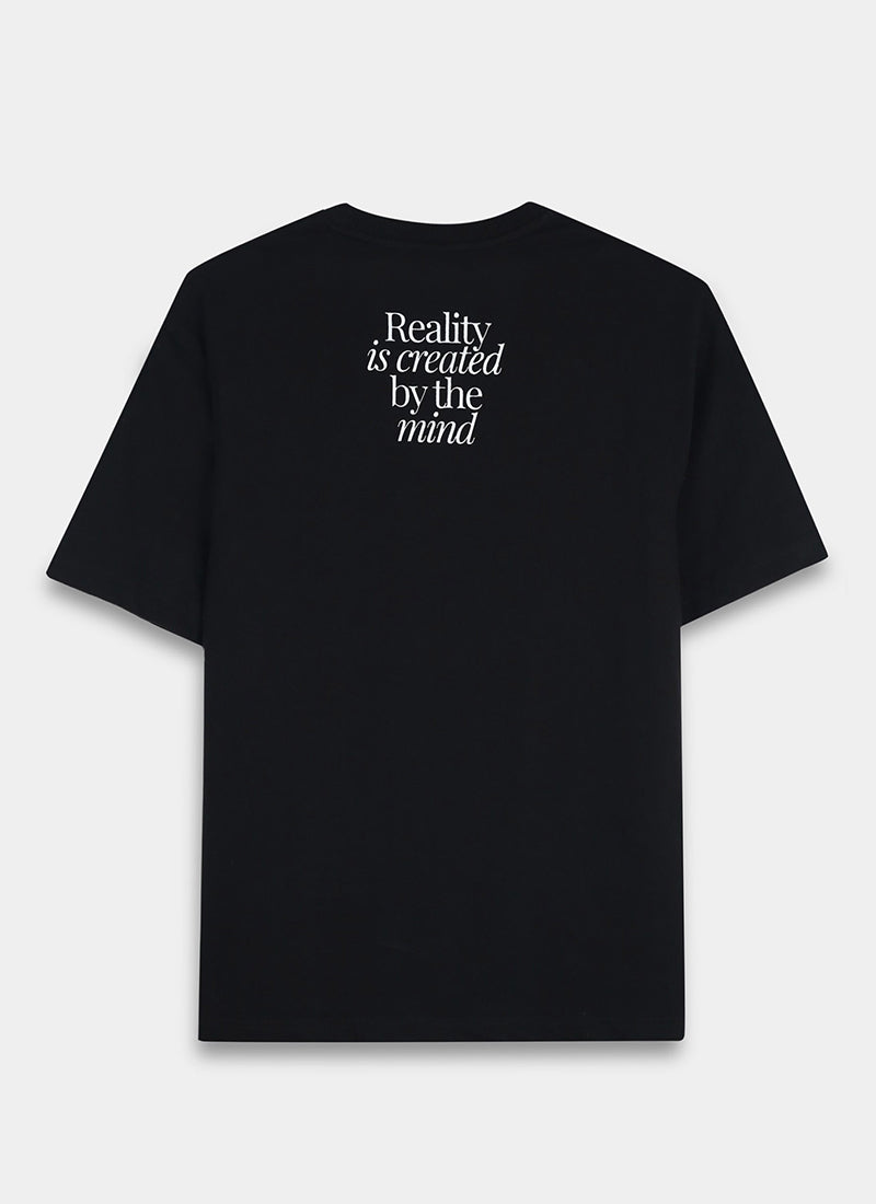 BALANCE OF THOUGHT Oversized Cotton Printed T-Shirt Black - Flatlay Back View