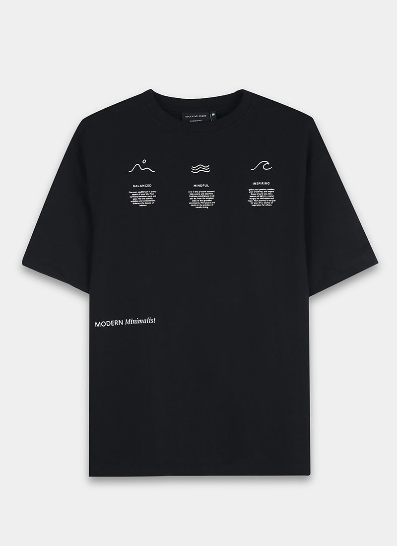 BALANCE OF THOUGHT Oversized Cotton Printed T-Shirt Black - Flatlay Front View
