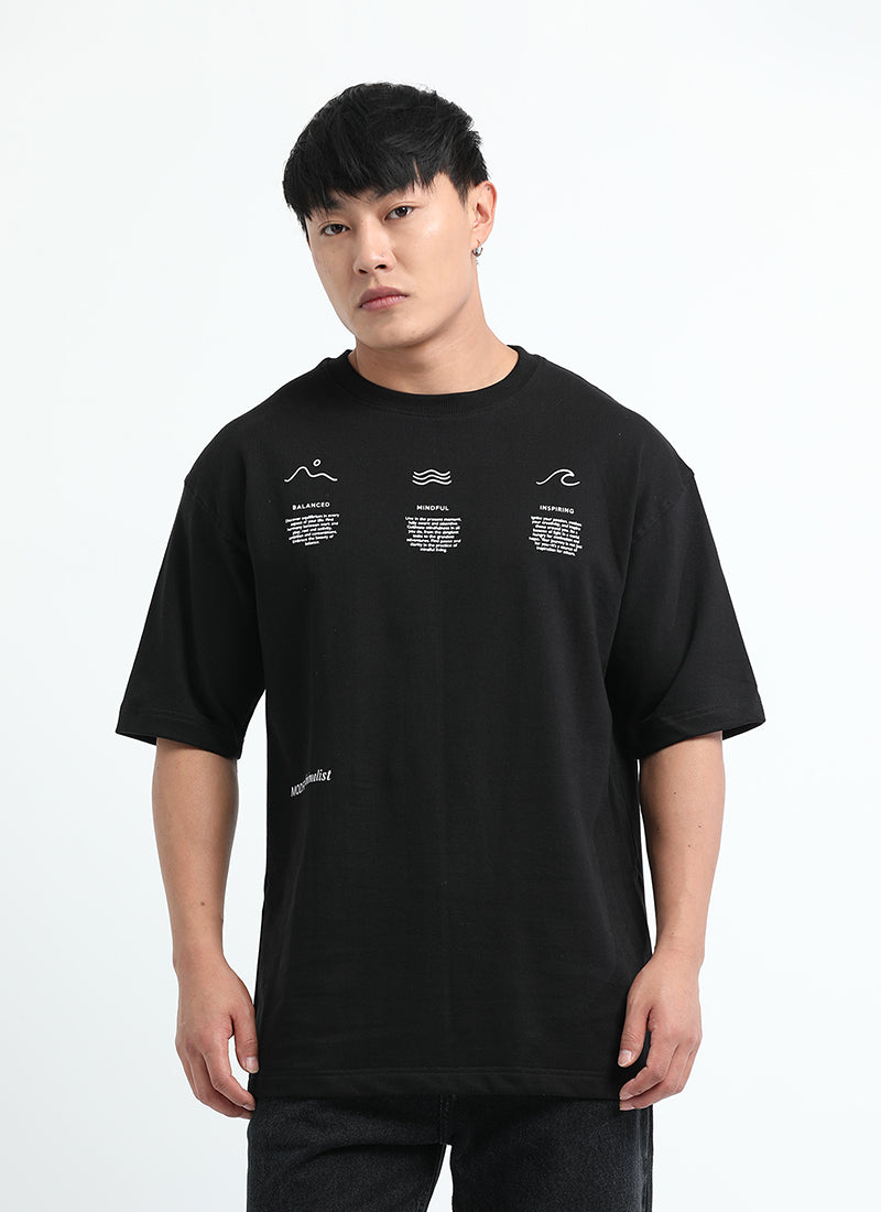 BALANCE OF THOUGHT Oversized Cotton Printed T-Shirt Black - Front View