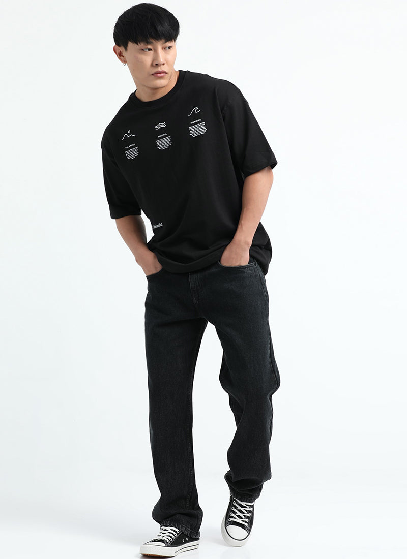 BALANCE OF THOUGHT Oversized Cotton Printed T-Shirt Black - Full Model Image