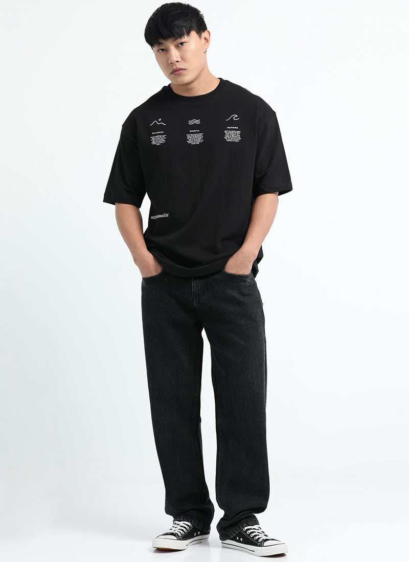 BALANCE OF THOUGHT Oversized Cotton Printed T-Shirt Black - Matching Jeans