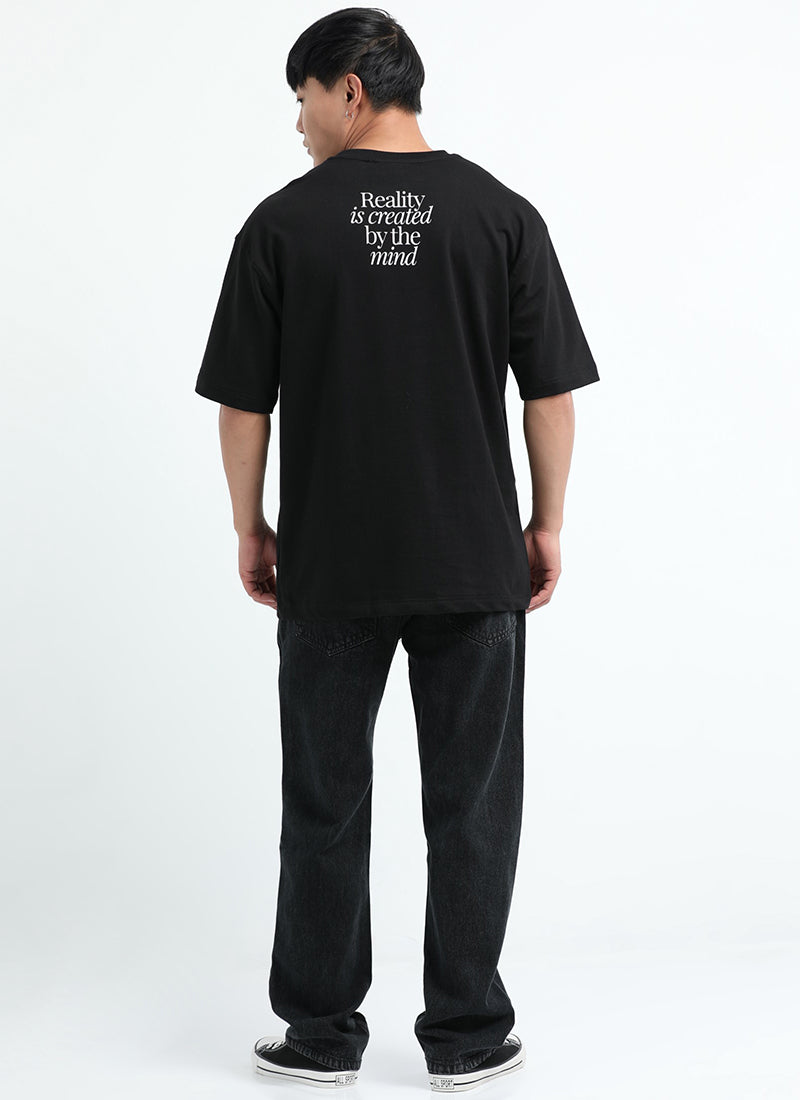 BALANCE OF THOUGHT Oversized Cotton Printed T-Shirt Black -  Model Back View