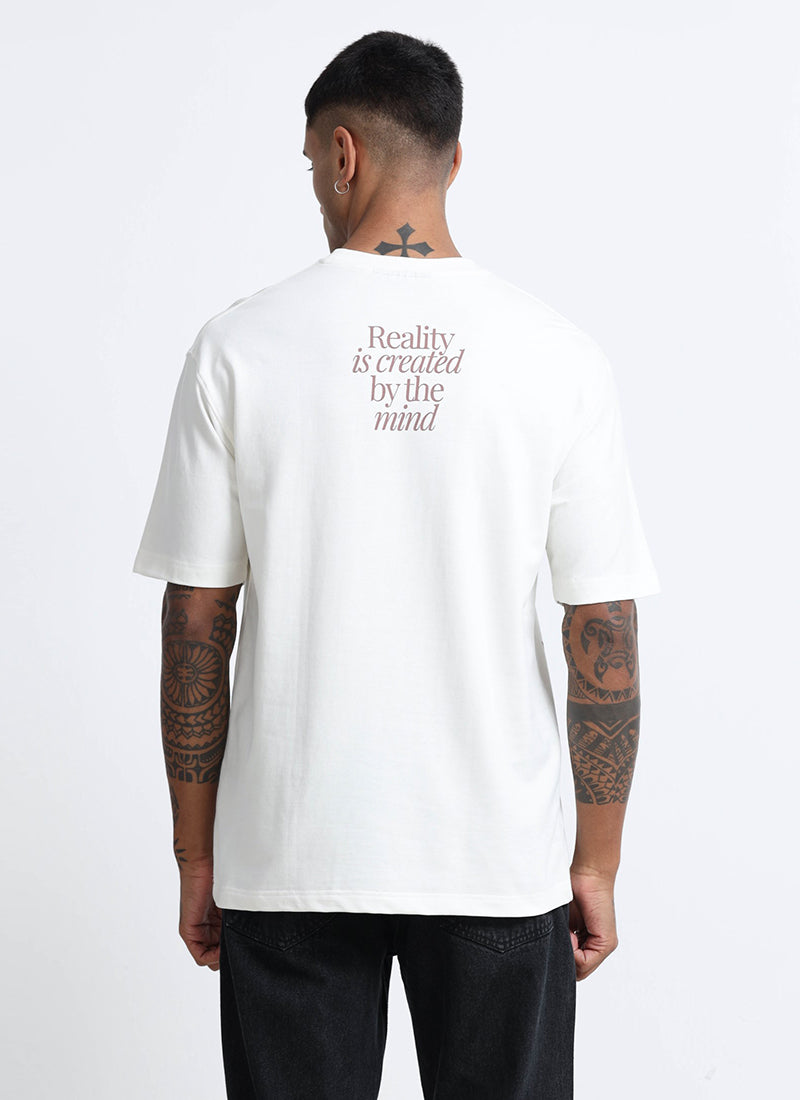 BALANCE OF THOUGHT Oversized Cotton Printed T-Shirt Off White - Back View