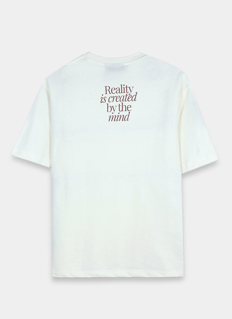 BALANCE OF THOUGHT Oversized Cotton Printed T-Shirt Off White - Flatlay Back View
