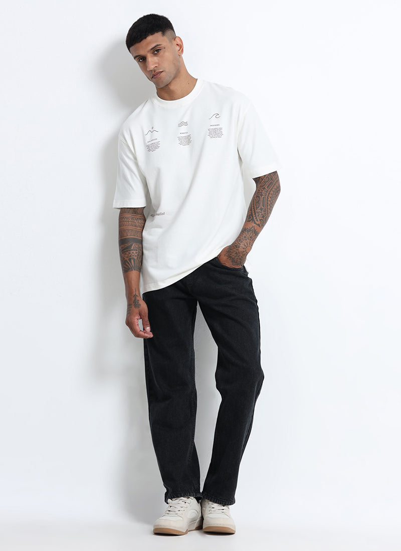 BALANCE OF THOUGHT Oversized Cotton Printed T-Shirt Off White - Matching Jeans View