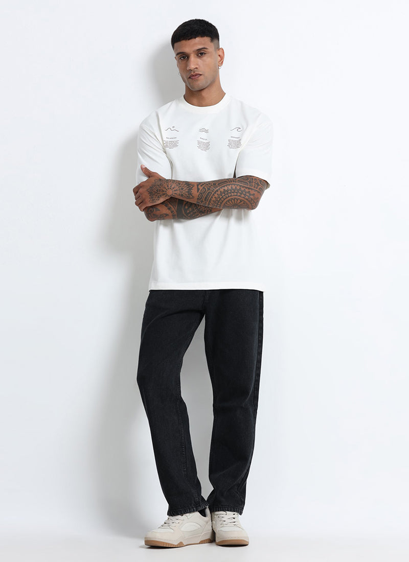 BALANCE OF THOUGHT Oversized Cotton Printed T-Shirt Off White - Model Full View